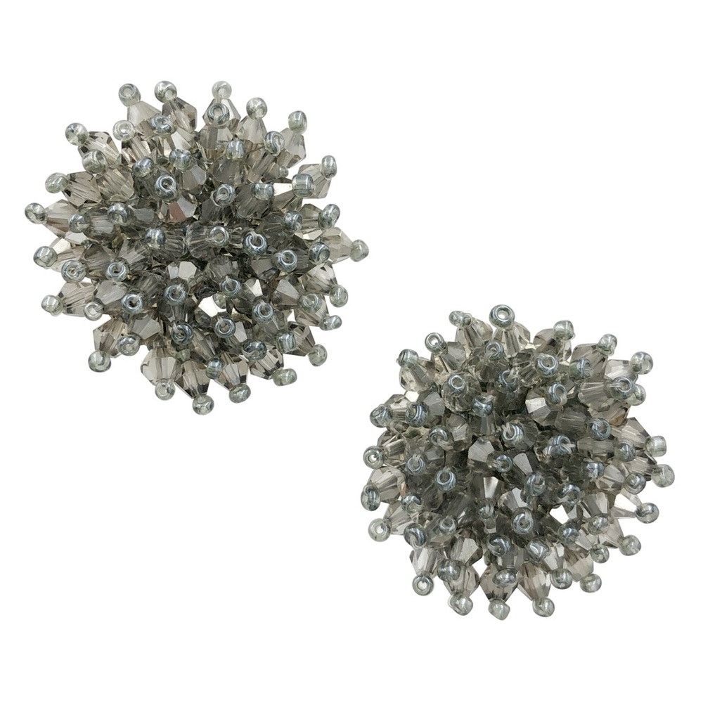 Gray Glass Beaded Burst Large Statement Handmade Stud Earrings